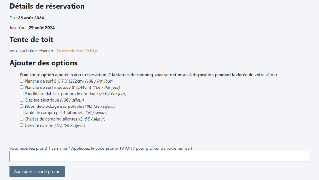 Les options de réservations, site de location (wordpress)